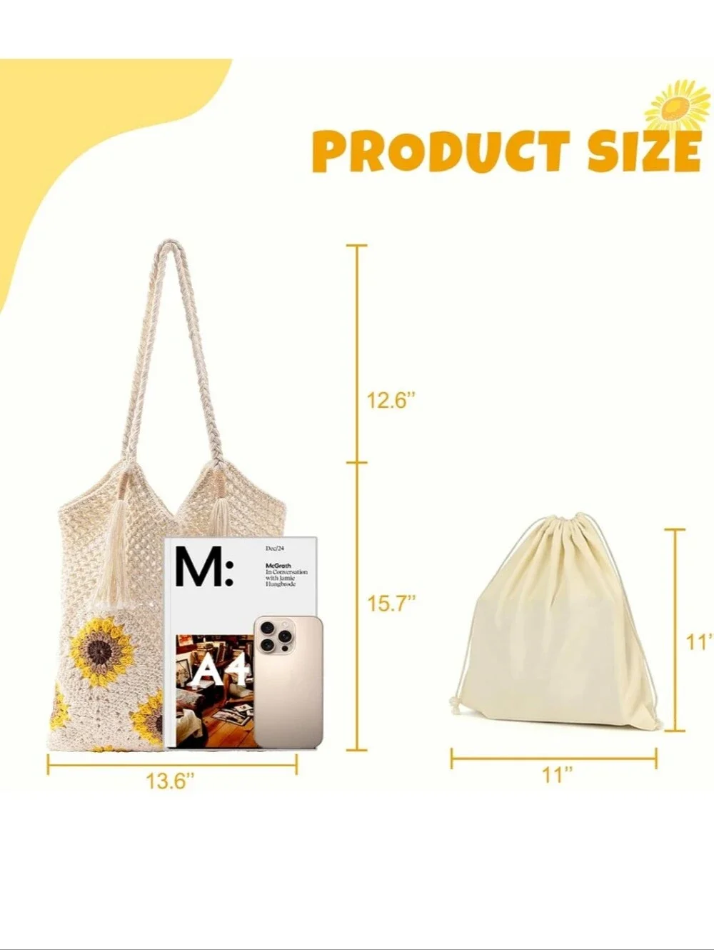 Cream Crochet Sunflower Tote Bag with Tassel Straps